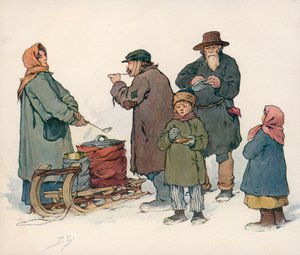 Femme vendant de la soupe chaude dans la rue en Russie soviétique