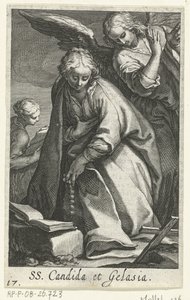 Sainte Candida et sainte Gelasia comme ermites avec ange (Kluizenaressen, Sacra Eremus Ascetriarum) - Boëtius Adamsz. Bolswert