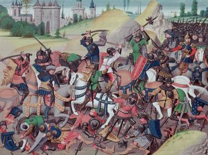 Bataille entre Sarrasins et Chrétiens pendant les Croisades, des Chroniques des empereurs par David Aubert, 1462