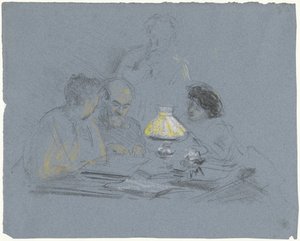 A. Grandmont et trois figures, lisant à la lumière d