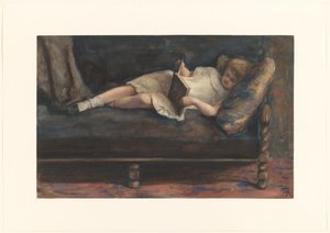 Fille lisant, allongée sur un banc