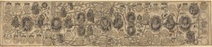 Arbre généalogique avec portraits de Henri VII, Henri VIII, Élisabeth, Jacques et Charles