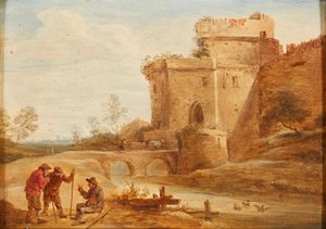 Paysage classique avec figures et animaux sur un chemin