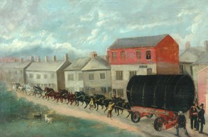 Une chaudière de moulin transportée en montée sur un chariot - British School