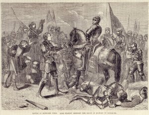 Bataille de Bosworth Field. Lord Stanley apportant la couronne de Richard III à Richmond (1485) : fin de la guerre des Deux Roses - dans « Cassell