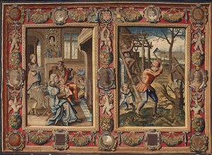 Janvier et février : « Un couple près du feu et un bûcheron » Tapisserie des manufactures de Mortlake. XVIIe siècle. Gênes, Musei di Strada Nuova - British School