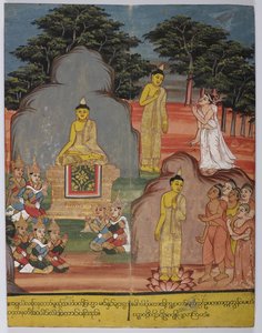 En route vers le parc aux cerfs, Bouddha a rencontré cinq ascètes (centre gauche); au parc aux cerfs, il a prêché le premier sermon.