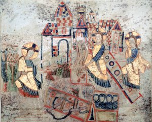 Art byzantin : Représentation du Christ Sauveur abattant les portes des Enfers, écrasant Satan et libérant les âmes. Miniature de l
