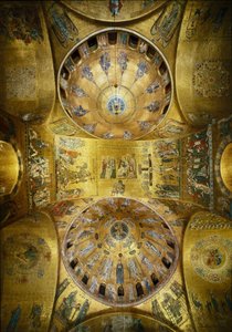 Architecture byzantine : vue des dômes avec mosaïques sur fond doré (style roman et byzantin) illustrant la Pentecôte (1250-1300) et l