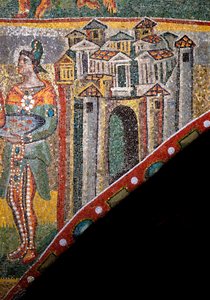 Art chrétien : « Adoration des Mages ». Détail du paysage. Mosaïque du Ve siècle. Arc triomphal, Basilique de Sainte-Marie-Majeure, Rome. - Byzantine