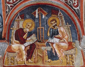Évangélistes Luc et Matthieu écrivant les Évangiles, Karanlik Kilise (Église Sombre) (12e-13e siècle), Göreme (Liste du patrimoine mondial de l