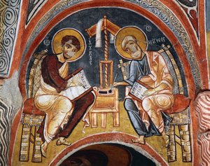 Évangélistes Marc et Jean écrivant les Évangiles, Karanlik Kilise (Église Sombre) (12ème-13ème siècle), Göreme (Liste du patrimoine mondial de l