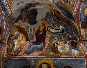 Nativité, fresque byzantine (12ème siècle), Karanlik Kilise (Église Sombre) (12ème-13ème siècle), Göreme (Liste du patrimoine mondial de l