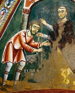 Saint Eldrad partant pour Saint-Jacques-de-Compostelle, détail des Histoires de la vie de Saint Eldrad, fresque romane, style byzantin, fin XIe siècle, Chapelle de Saint Eldrad et Saint Nicolas, Abbaye de Novalesa, Piémont, Italie