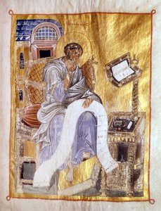 Saint Marc représenté dans un manuscrit byzantin du XIIIe siècle, Londres, Victoria and Albert Museum.
