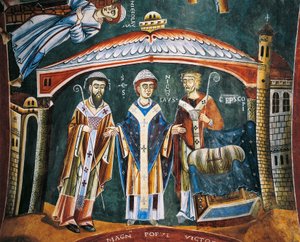 Saint Nicolas consacré évêque de Myre, détail des Histoires de Saint Nicolas, fresque romane, style byzantin, fin du XIe siècle, Chapelle de Saint Eldrad et Saint Nicolas, Abbaye de Novalesa, Piémont, Italie - Byzantine
