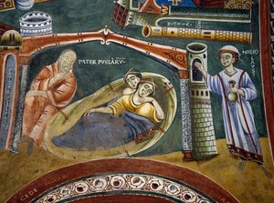 Saint Nicolas sauvant un riche marchand tombé dans la pauvreté et payant la dot de ses filles, détail des Histoires de Saint Nicolas, fresque romane, style byzantin, fin XIe siècle, Chapelle de Saint Eldrad et Saint Nicolas, Abbaye de Novalesa, Piémont, It - Byzantine