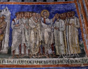Saint Paul imposant les mains sur les nouveaux baptisés, fresque byzantine dans le transept de Tokali Kilise (Église Boucle) (12e-13e siècle), Göreme (Liste du patrimoine mondial de l