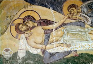 Art byzantin : « Lamentation sur la mort du Christ » Fresque du peintre du 12ème siècle. Détail. Nerezi, Saint-Pantaleimon, Macédoine - Byzantine School