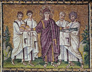 Art byzantin : "La multiplication des pains et des poissons" Mosaïque du VIe siècle. Basilique de Saint-Apollinaire-le-Neuf de Ravenne (Sant