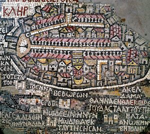 Art byzantin : plus ancienne carte de la Palestine. Détail représentant Jérusalem. Mosaïque du 6ème siècle. Madaba, Église de Saint-Georges - Byzantine School