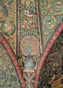 Détail de la voûte représentant des oiseaux et un paon (mosaïque) - Byzantine School