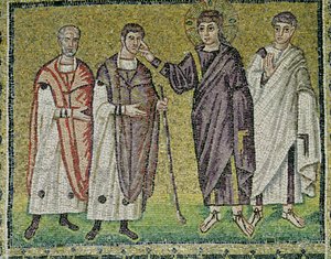 La guérison de deux aveugles de Jéricho, scènes de la vie du Christ (mosaïque) - Byzantine School