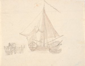 Un navire avec voile et fanion et une chaloupe. À gauche, deux chariots à chevaux - C.A. Lorentzen