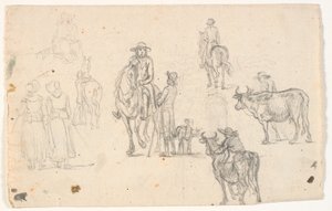 Esquisses avec paysans, chevaux et vaches - C.A. Lorentzen