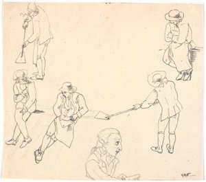 Esquisse avec six figures masculines, deux avec des pelles, trois assises, et un profil d
