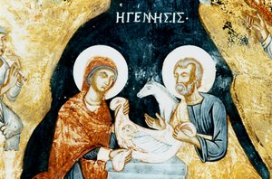 Fresque de la Nativité dans le monastère de Mikro Sotiris, île de Symi, Grèce (photo) - J.B. and Brown J. Rowbotham