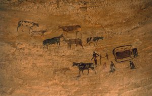 Scène de vie quotidienne avec du bétail, art rupestre, Tassili n