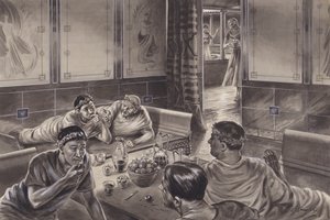 Anglo-Romains mangeant dans le triclinium (gouache sur papier)
