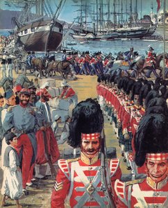 Troupes britanniques arrivant à Malte en direction de la Crimée (lithographie couleur)