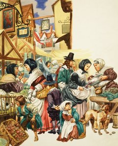 Scène de rue jacobéenne (gouache sur papier) - C.L. Doughty