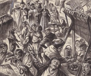 Marchands à une foire médiévale (gouache sur papier) - C.L. Doughty