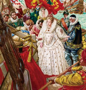 Débarquement de la reine Elizabeth I (1530-1603), aidée de Sir Walter Raleigh (1554-1618) (gouache sur papier)