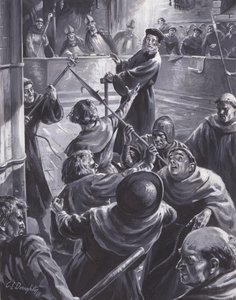 Le procès de John Wyclif, au cours duquel une foule tente de le sauver (gouache sur papier)