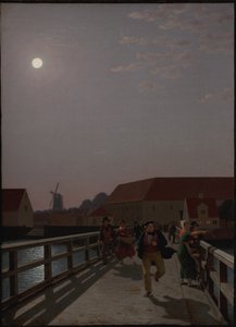 Langebro, Copenhague, au clair de lune avec des figures en mouvement