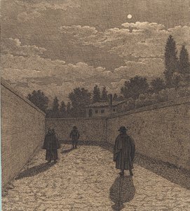 Clair de lune sur une route avec trois figures. Illustration pour "Linearperspectiven", Tableau IV