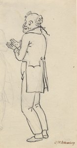 Feuille satirique ; un homme souriant, vu de côté, avec les deux mains devant la poitrine, et partie d
