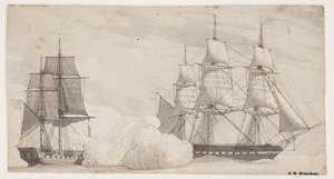 Deux navires de guerre en combat (la frégate anglaise Shannon et la frégate américaine Chesapeake?)