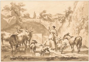 Bergère filant avec son troupeau - C. Dietrich (prentmaker) (possibly)