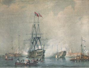 HMS Victory tirant une salve royale au port de Portsmouth, de British Adventure publié par Collins, 1947 - C. J. M. Whichello