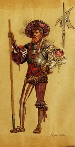 Un courtisan en armure, costume pour Comme il vous plaira, produit par R.Courtneidge au Princes Theatre, Manchester
