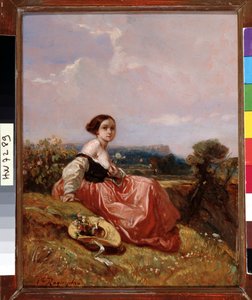 Jeune fille au chapeau devant la montagne Sainte-Victoire - Camille Joseph Etienne Roqueplan
