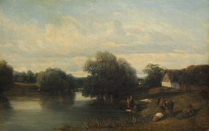 Cottage près de la rivière avec lavandières