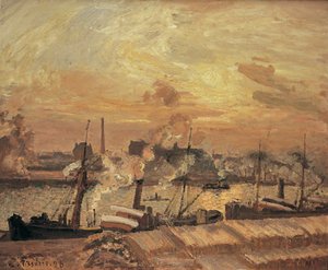 Déchargement de bois, quai de la Bourse, coucher de soleil - Camille Jacob Pissarro