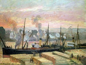 Coucher de soleil à Rouen, déchargement de bois, 1896 - Camille Jacob Pissarro