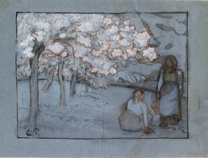 Étude compositionnelle de deux paysannes conversant dans un verger, c. 1894